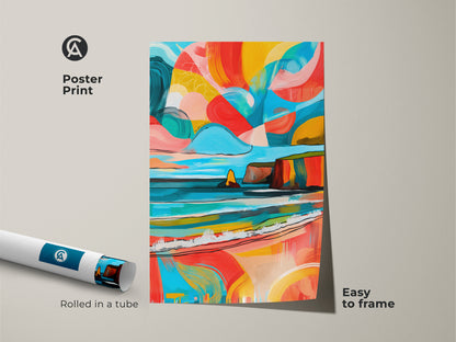Museum-quality poster print of an abstract coastal landscape. This artwork is easy to frame. Rolled in a tube for protection. The teal yellow and coral colors brings an eclectic touch. Perfect for beach lovers seeking modern art.