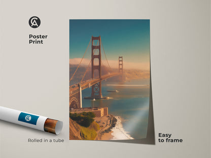 Poster print of the Golden Gate Bridge. The San Francisco seascape print comes rolled in a tube. This coastal landscape wall artwork is easy to frame. It's a travel themed home decor piece.