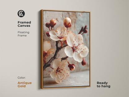 Cherry blossom artwork with an antique gold floating frame on framed canvas. This spring bloom canvas adds a touch of elegance. A minimalist floral print ready to hang.