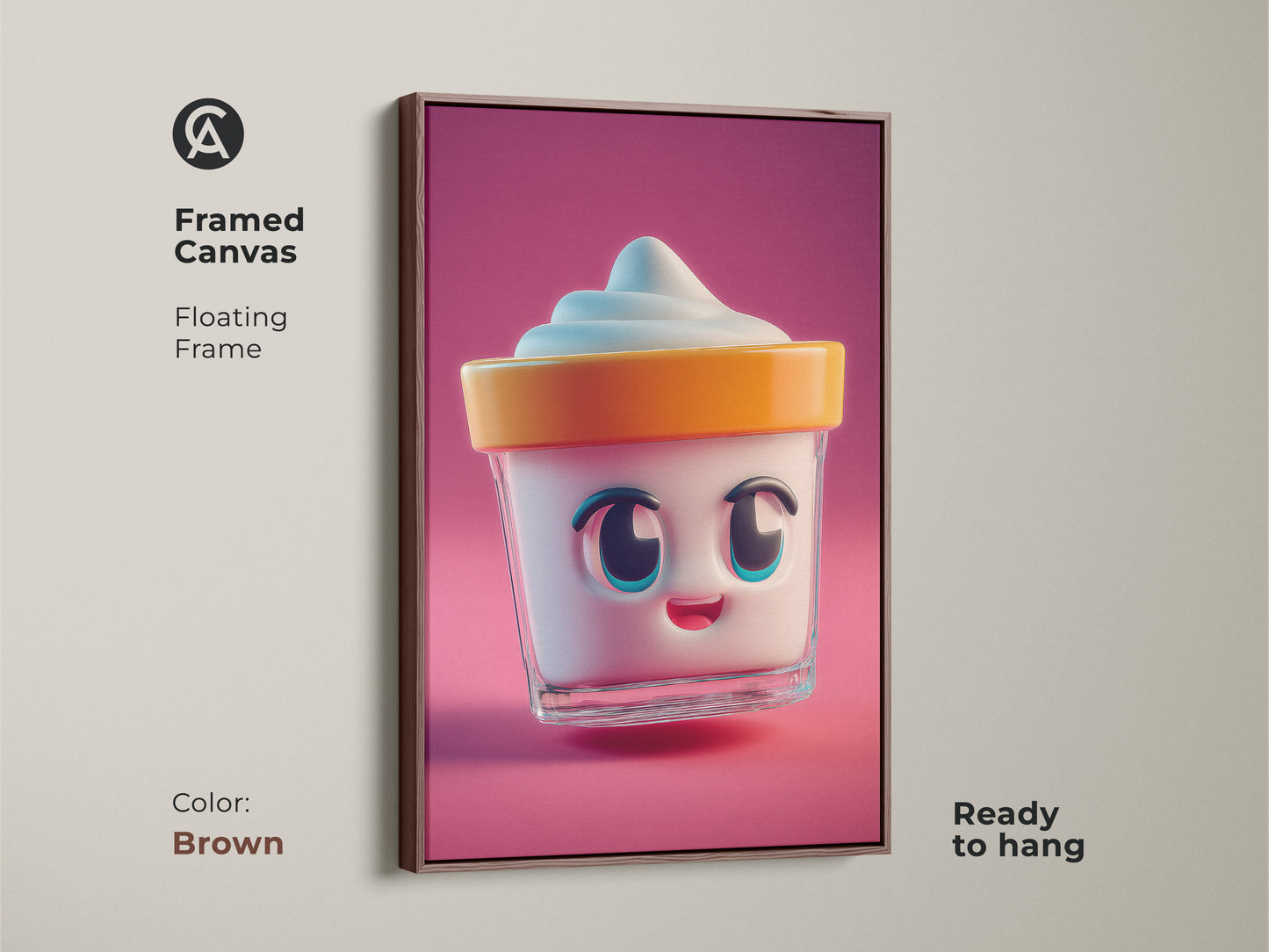 Framed canvas showcases kawaii ice cream art. This pink and orange kitchen decor has a brown floating frame. The cheerful home decor is ready to hang. A unique food print for dessert lovers.