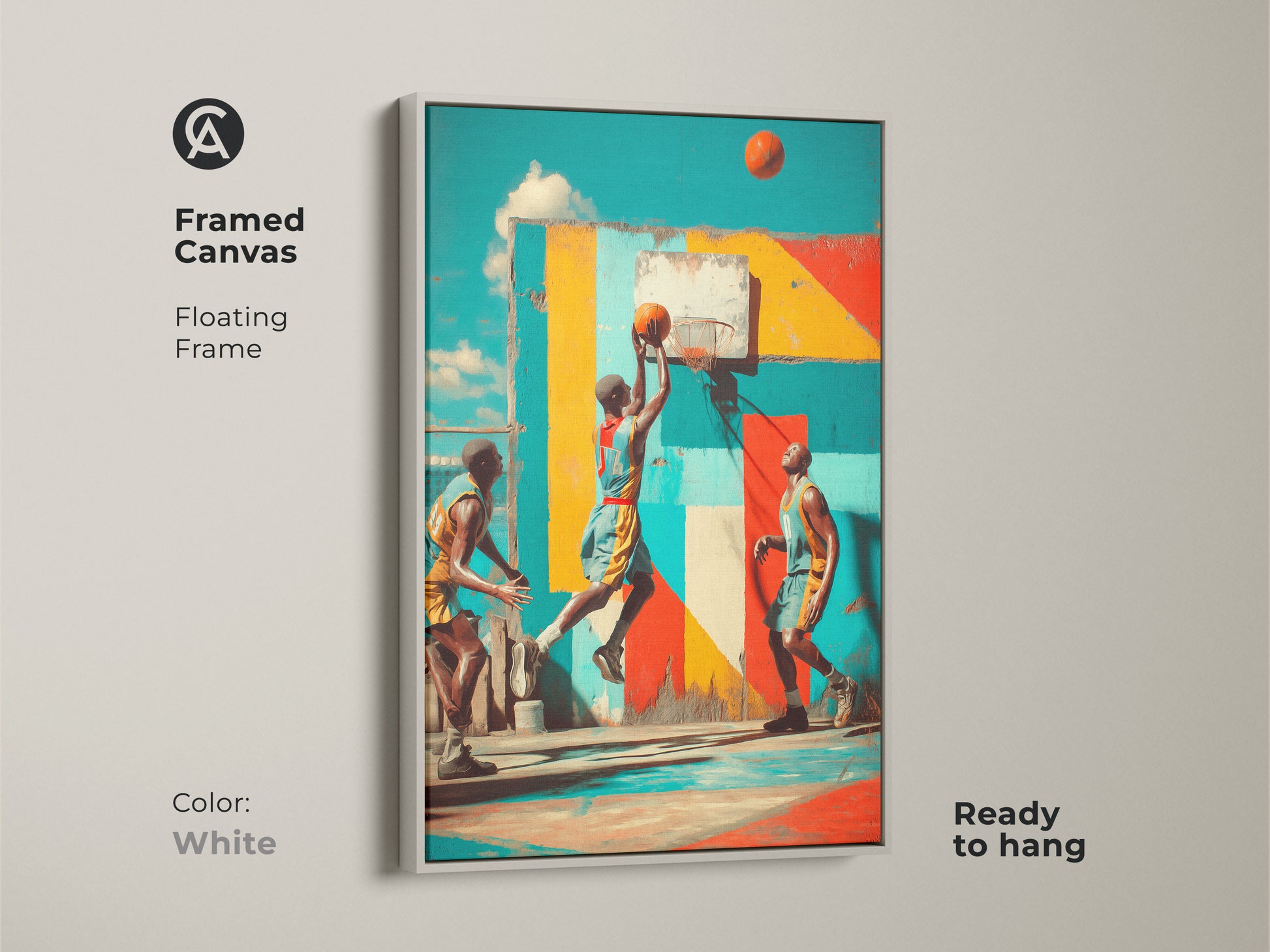 Brighten your walls with this framed basketball graffiti art. The white floating frame makes the teal yellow and red colors pop. A contemporary piece ideal for a man cave. This canvas arrives ready to hang adding sporty urban style.