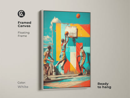 Brighten your walls with this framed basketball graffiti art. The white floating frame makes the teal yellow and red colors pop. A contemporary piece ideal for a man cave. This canvas arrives ready to hang adding sporty urban style.