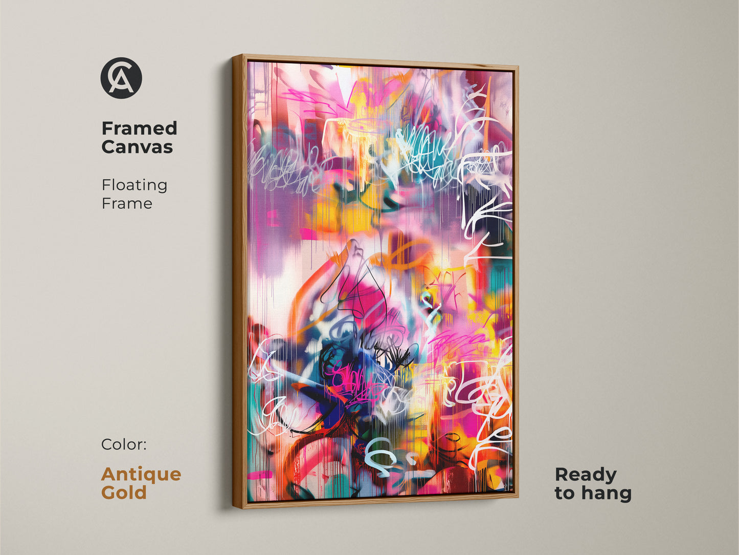 Framed canvas of an abstract painting with an antique gold floating frame. The artwork features a colorful palette of pink yellow teal and white hues. This ready to hang canvas art offers a modern touch to your space.