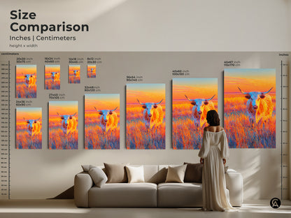 Size comparison of longhorn art prints. See how different sizes fit in a living room setting. Choose from various dimensions in inches and centimeters. Find the perfect canvas or poster print for your home.
