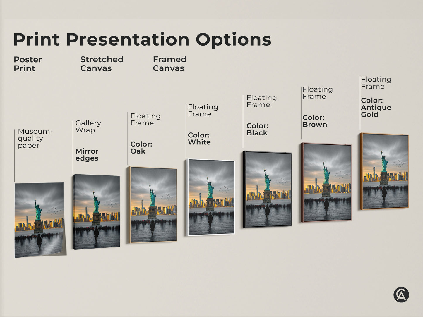 Explore print presentation options featuring the Statue of Liberty. Choices include a poster print a stretched canvas and a framed canvas. Frame colors include oak white black brown and antique gold. This contemporary artwork complements modern decor styles. Perfect for travel wall art and city lovers.