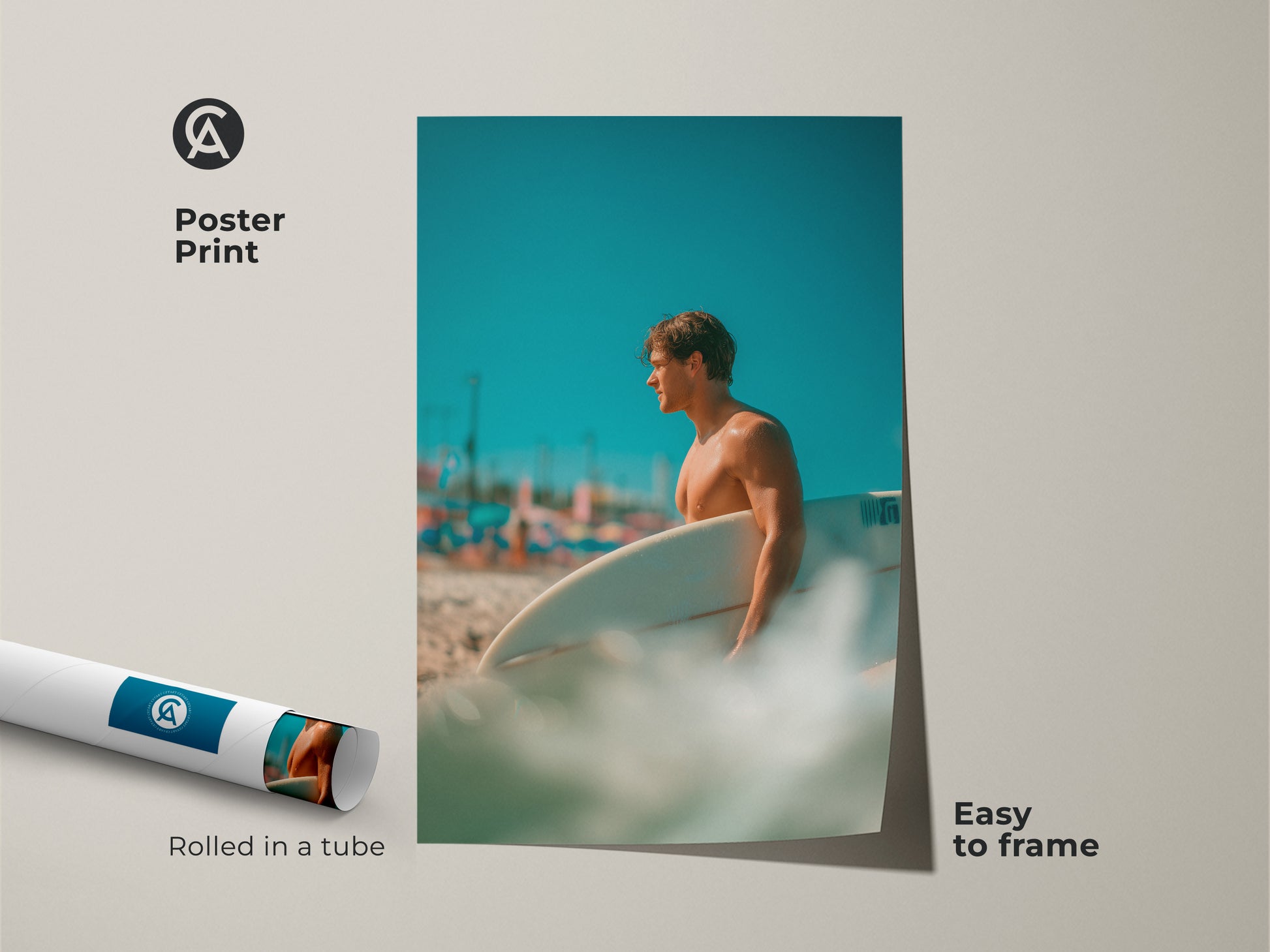 Poster print featuring a surfer on a beach. Rolled in a tube and easy to frame. The artwork shows a man with a surfboard and blue sky. A great gift for a surfer or beach lover.