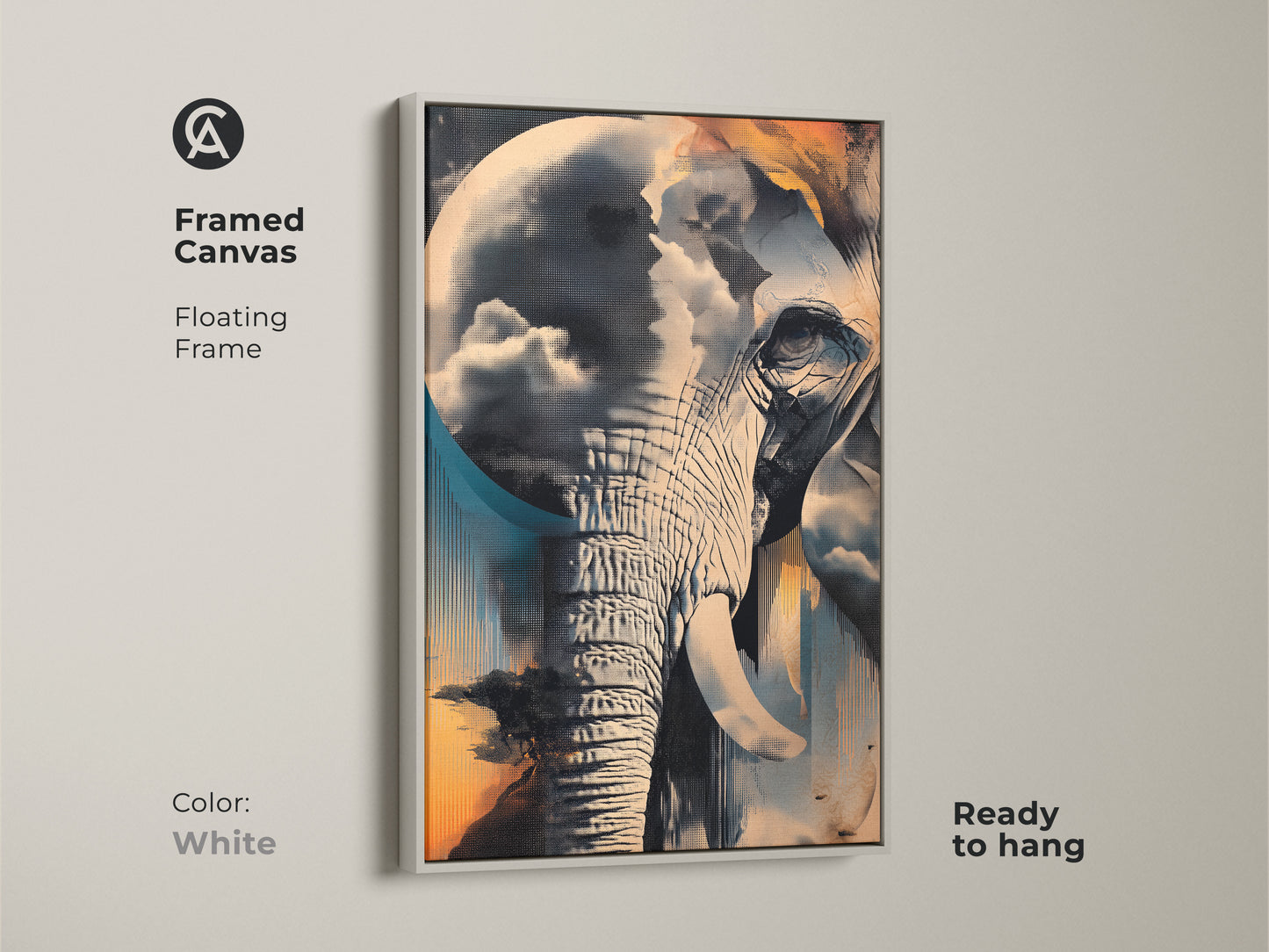 Framed canvas art of a surreal elephant in a white floating frame. The abstract animal artwork features teal blue and orange colors. This eclectic home decor merges a nature cloudscape. Perfect as bedroom wall decor or modern office art. Ready to hang and enjoy instantly.