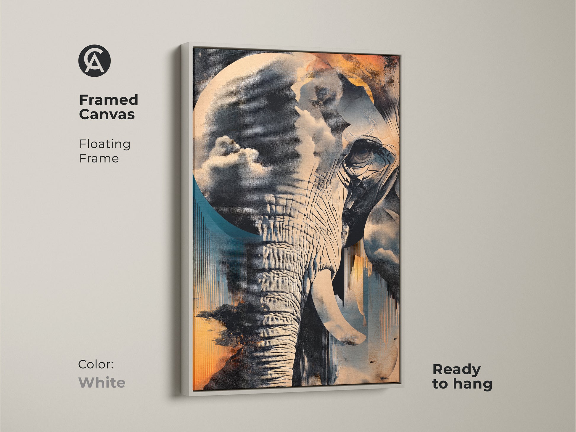 Framed canvas art of a surreal elephant in a white floating frame. The abstract animal artwork features teal blue and orange colors. This eclectic home decor merges a nature cloudscape. Perfect as bedroom wall decor or modern office art. Ready to hang and enjoy instantly.