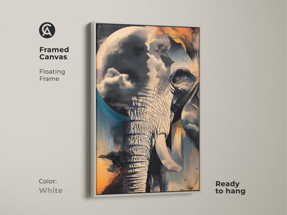 Framed canvas art of a surreal elephant in a white floating frame. The abstract animal artwork features teal blue and orange colors. This eclectic home decor merges a nature cloudscape. Perfect as bedroom wall decor or modern office art. Ready to hang and enjoy instantly.