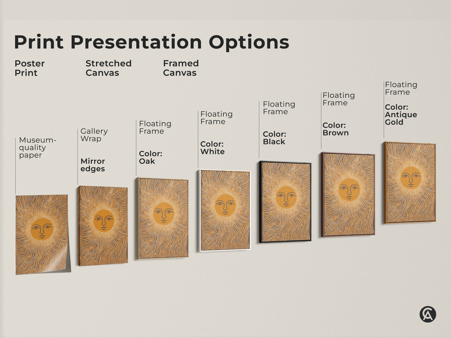 This image shows various presentation options for the abstract sun face artwork. There is a poster print a stretched canvas and framed canvas.  Colors include white black brown and antique gold.  The art features wavy lines a mustard yellow and gray color palette.