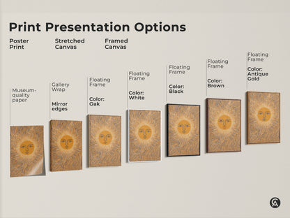 This image shows various presentation options for the abstract sun face artwork. There is a poster print a stretched canvas and framed canvas.  Colors include white black brown and antique gold.  The art features wavy lines a mustard yellow and gray color palette.