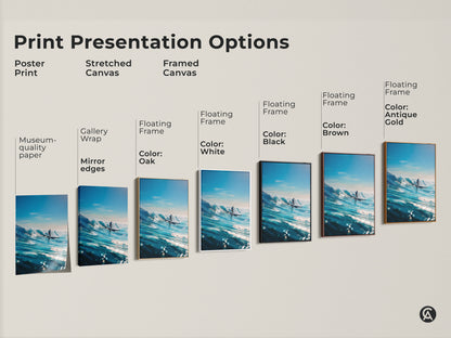 Explore various print options like poster prints stretched canvas and framed canvas. Each artwork features a surfer riding a beautiful blue wave. Select the perfect style to match your decor. Transform your space with stunning surf art today.