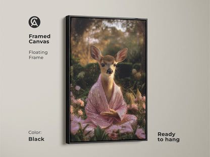 Black framed canvas art of a meditating deer. The boho spiritual animal wall decor is ready to hang. The fawn wears a pink sequin robe in a zen garden. This peaceful artwork adds a unique touch to any room. It's nature inspired.