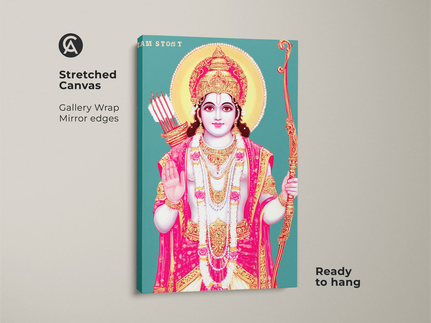 Stretched canvas featuring Lord Rama in Traditional Indian Folk artwork. Teal gold and pink hues provide a spiritual aesthetic. Ready to hang gallery-wrapped religious art.