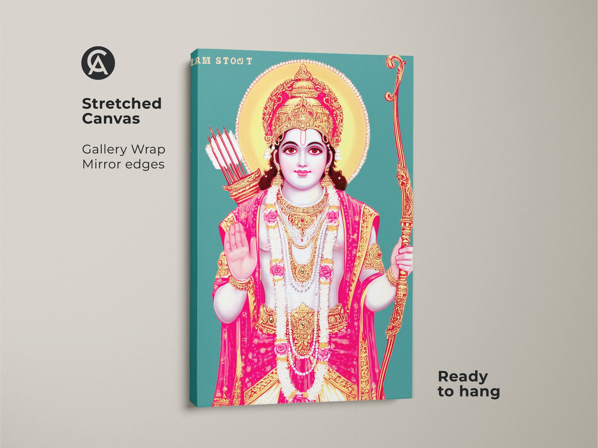 Stretched canvas featuring Lord Rama in Traditional Indian Folk artwork. Teal gold and pink hues provide a spiritual aesthetic. Ready to hang gallery-wrapped religious art.