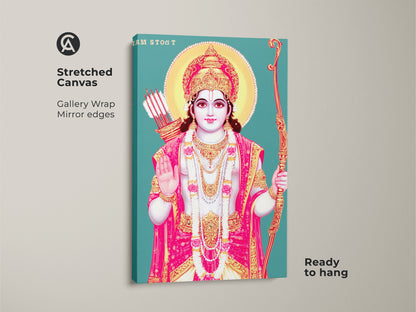 Stretched canvas featuring Lord Rama in Traditional Indian Folk artwork. Teal gold and pink hues provide a spiritual aesthetic. Ready to hang gallery-wrapped religious art.
