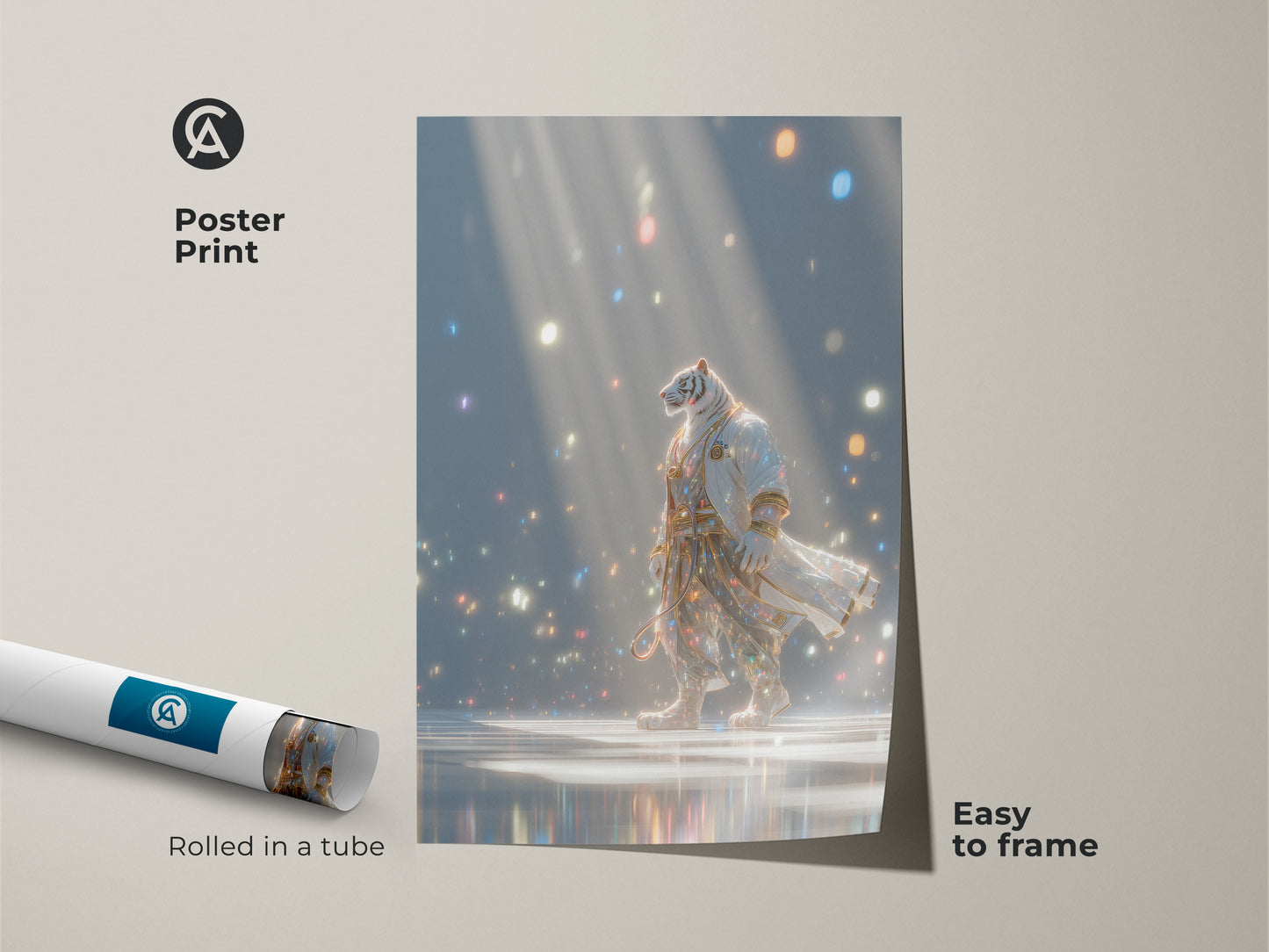 A poster print of a tiger wearing a shimmering robe. The art shows the tiger walking in a room full of lights. This poster is easy to frame and ships rolled in a tube. A unique piece for any art lover.