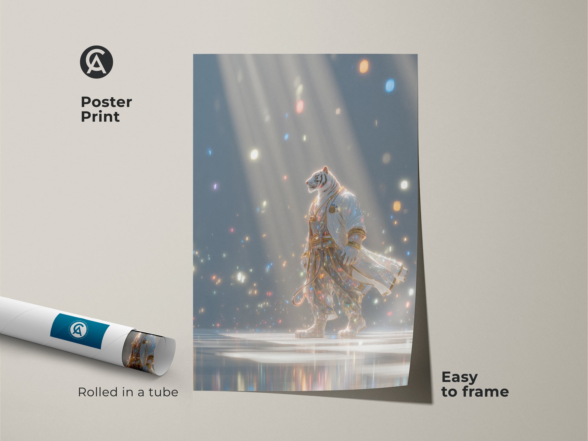 A poster print of a tiger wearing a shimmering robe. The art shows the tiger walking in a room full of lights. This poster is easy to frame and ships rolled in a tube. A unique piece for any art lover.