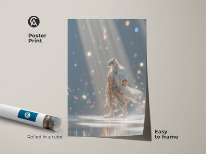 A poster print of a tiger wearing a shimmering robe. The art shows the tiger walking in a room full of lights. This poster is easy to frame and ships rolled in a tube. A unique piece for any art lover.