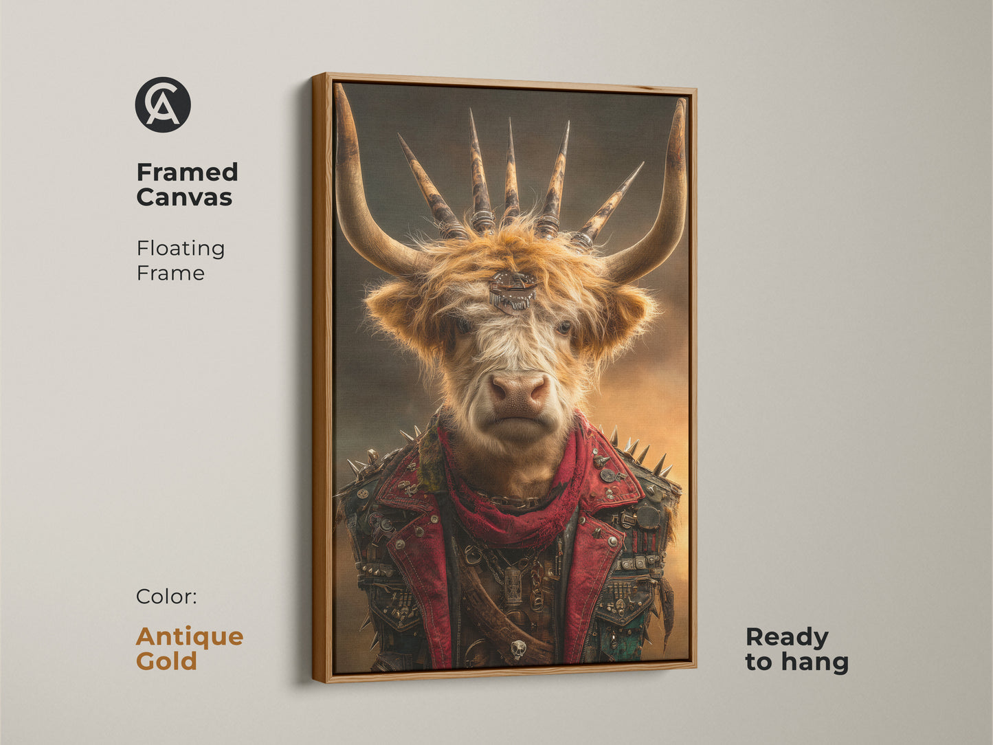 Framed Canvas Steampunk Highland Cow artwork with a floating antique gold frame. The gothic punk animal artwork is ready to hang. The eclectic red brown tones enhance any room. Elevate your office decor with this unique bearded bull canvas. Perfect for men's room decor.