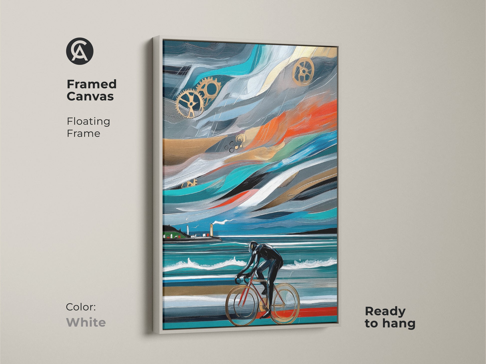 Framed canvas with floating frame in white. Abstract cyclist artwork is ready to hang. Features cyclist in motion. The art has industrial gears on a canvas. The artwork uses blue orange and teal colors. It is ideal for modern office spaces. 