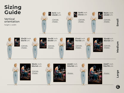 Sizing guide for vertical abstract drummer artwork. This canvas and poster come in various sizes. The line art musician print features an eclectic drum set in orange blue and teal colors. Perfect for adding a musical touch to any room.