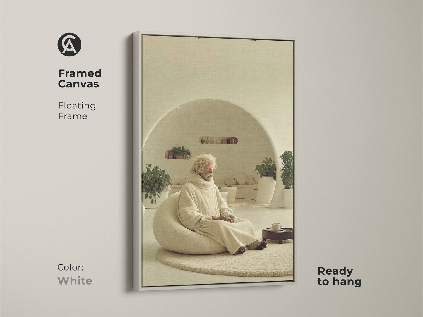Framed canvas of a Beige Cream Minimalist art print shows an elderly man meditating. The floating frame is white enhancing the zen figure wall art. Ready to hang this cream abstract art piece creates a bedroom sanctuary art atmosphere. This modern minimalist art adds a touch of spiritual calm to any space