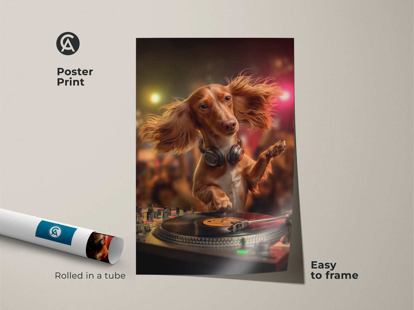 Dog DJ poster print shows a cute Dachshund at a turntable. The music themed wall decor is easy to frame. It arrives rolled in a protective tube. This eclectic animal print makes a fun pet wall hanging. It is perfect for music fans.