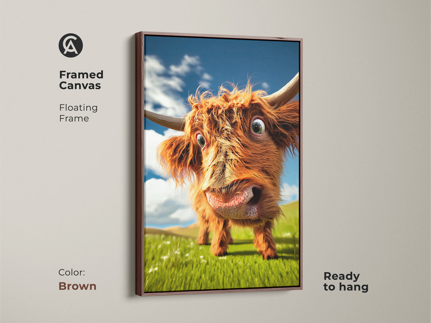 Framed in brown this canvas features a charming Highland cow artwork. This farmhouse wall decor print is set in a floating frame. The animal themed art print is ready to hang adding cozy bedroom wall art.