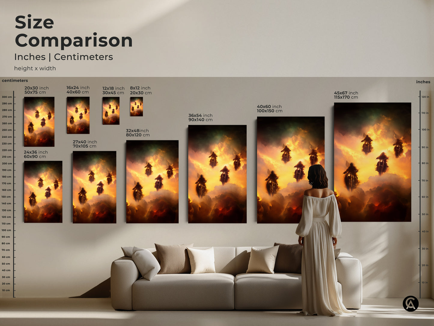 Compare sizes of this surreal motorcycle art print. This size comparison showcases the artwork in inches and centimeters. It features fantasy riders in a dramatic cloudscape of gold green and orange. Visualize how it will look in your living room or man cave.
