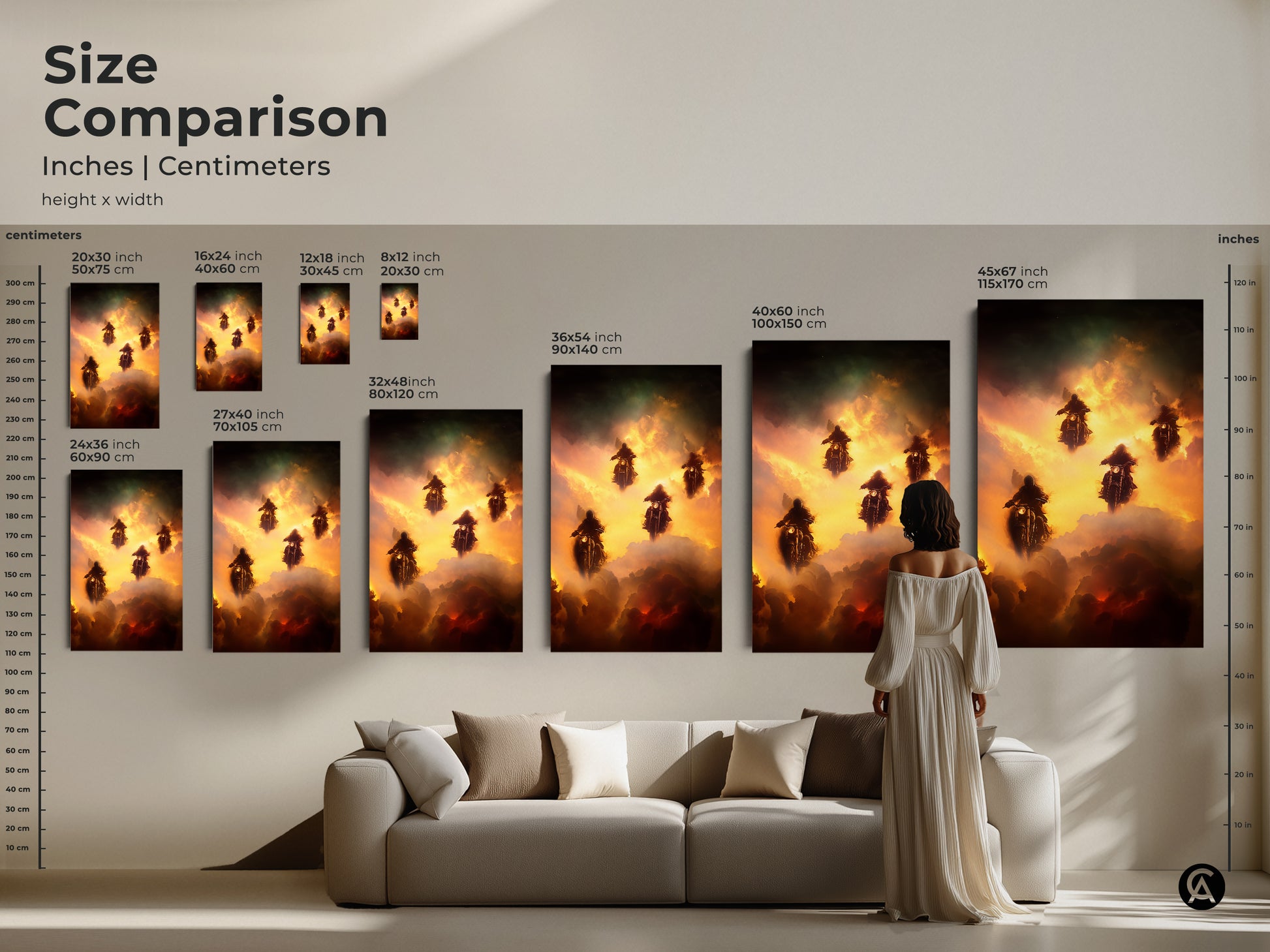 Compare sizes of this surreal motorcycle art print. This size comparison showcases the artwork in inches and centimeters. It features fantasy riders in a dramatic cloudscape of gold green and orange. Visualize how it will look in your living room or man cave.