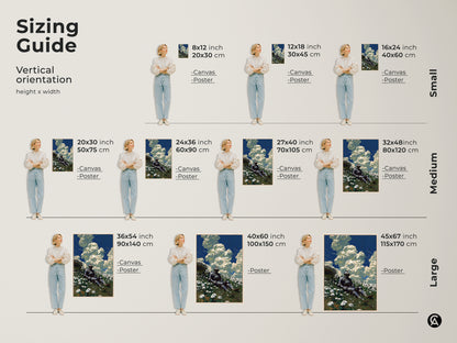 Sizing guide shows vertical orientation options. Artwork features a knight in a field of flowers. Sizes range from small to large. Find the perfect fit for your space.