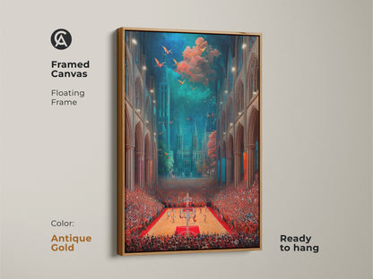 Framed canvas of surreal basketball cathedral artwork with an antique gold floating frame. The art blends gothic architecture with a sports theme. Its an eclectic wall art piece that is ready to hang. Perfect gift for basketball lovers.