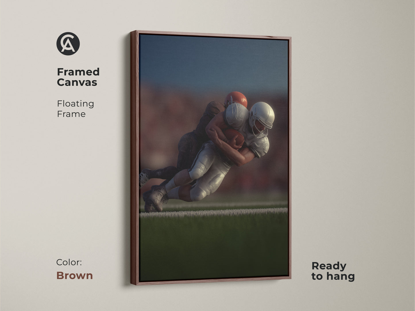 Framed canvas showcasing a dynamic football tackle with a floating brown frame. This photorealistic sports action wall art is ready to hang. Ideal for man cave decor this football artwork makes a great gift for any sports fan. Add a compelling piece of modern art to their collection.