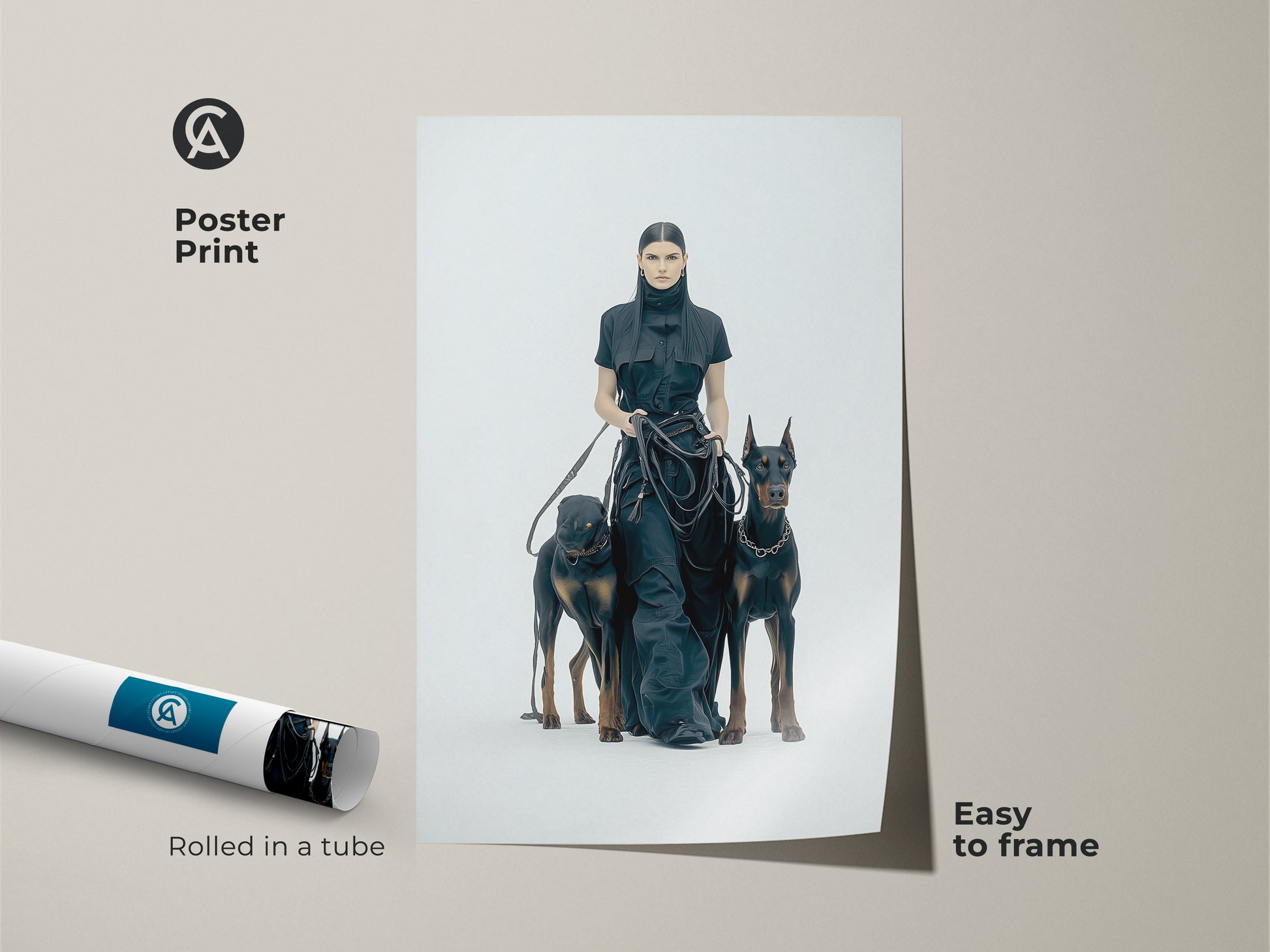 Poster print of a woman with Doberman dogs. Rolled in a tube for easy framing. Monochrome minimalist artwork. Ideal for contemporary home decor. A stylish and unique gift for dog lovers. Black and white fashion portrait.