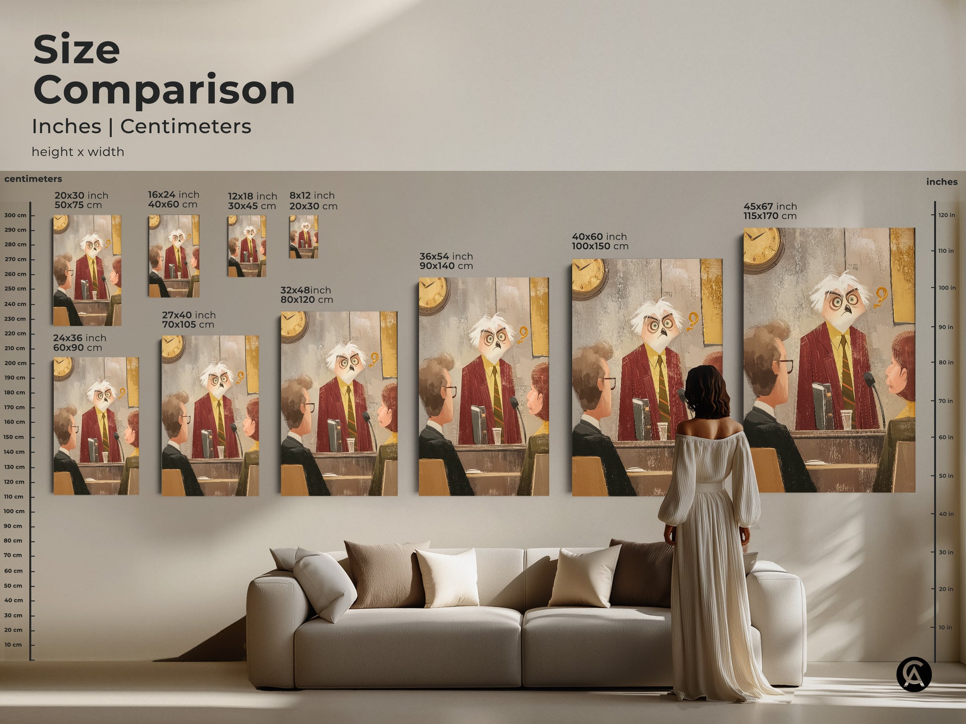 Size comparison of the courtroom art print. See how the owl judge artwork fits in different spaces. From small prints to larger statement pieces. Find the ideal size to complement your decor and showcase this funny lawyer gift.