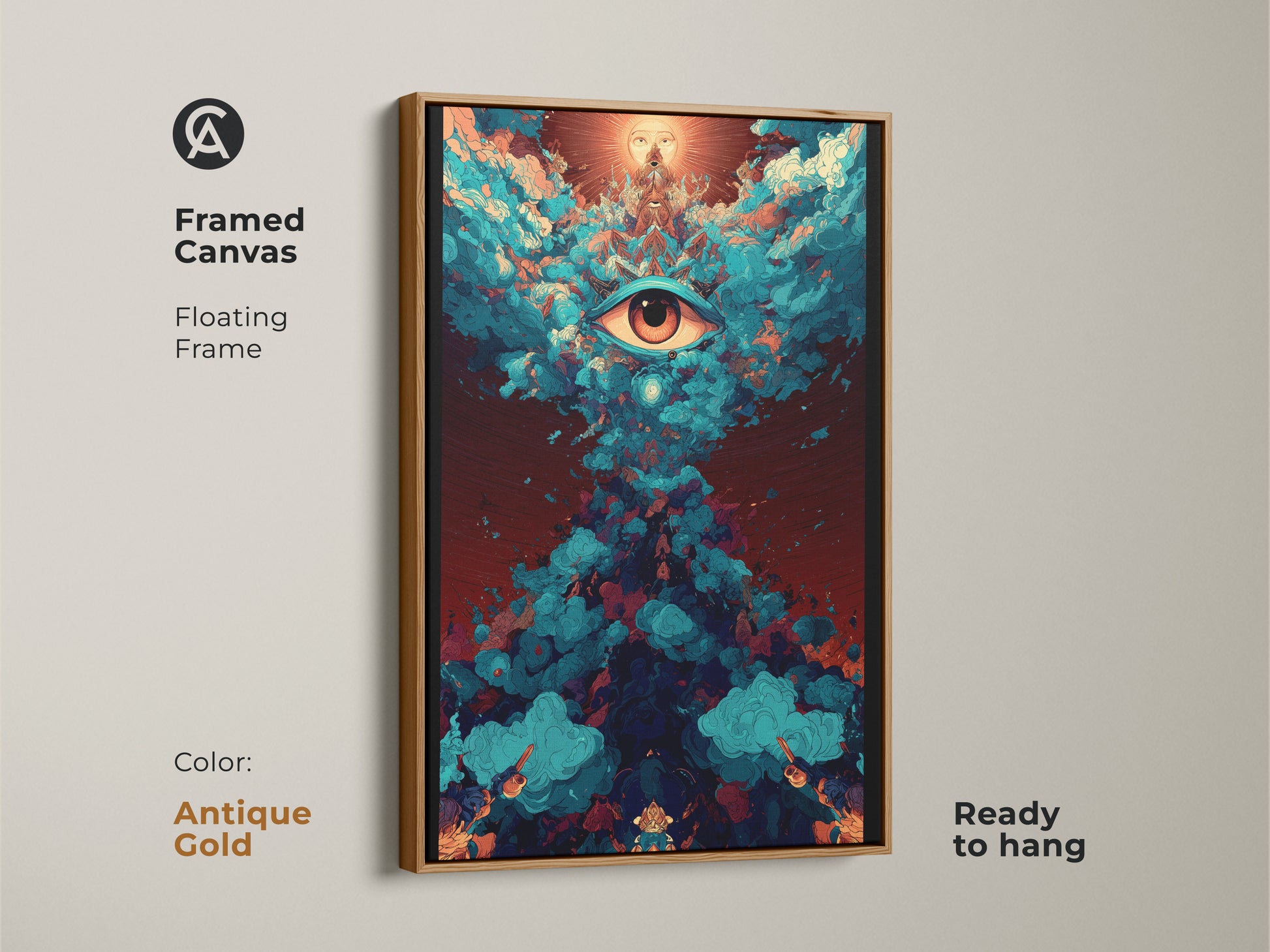 Antique gold framed canvas art with a surreal eye. Floating frame accentuates the psychedelic wall decor. Ready-to-hang spiritual abstract artwork enhances any space. Teal and orange shades bring cosmic energy. Great eclectic home decor.