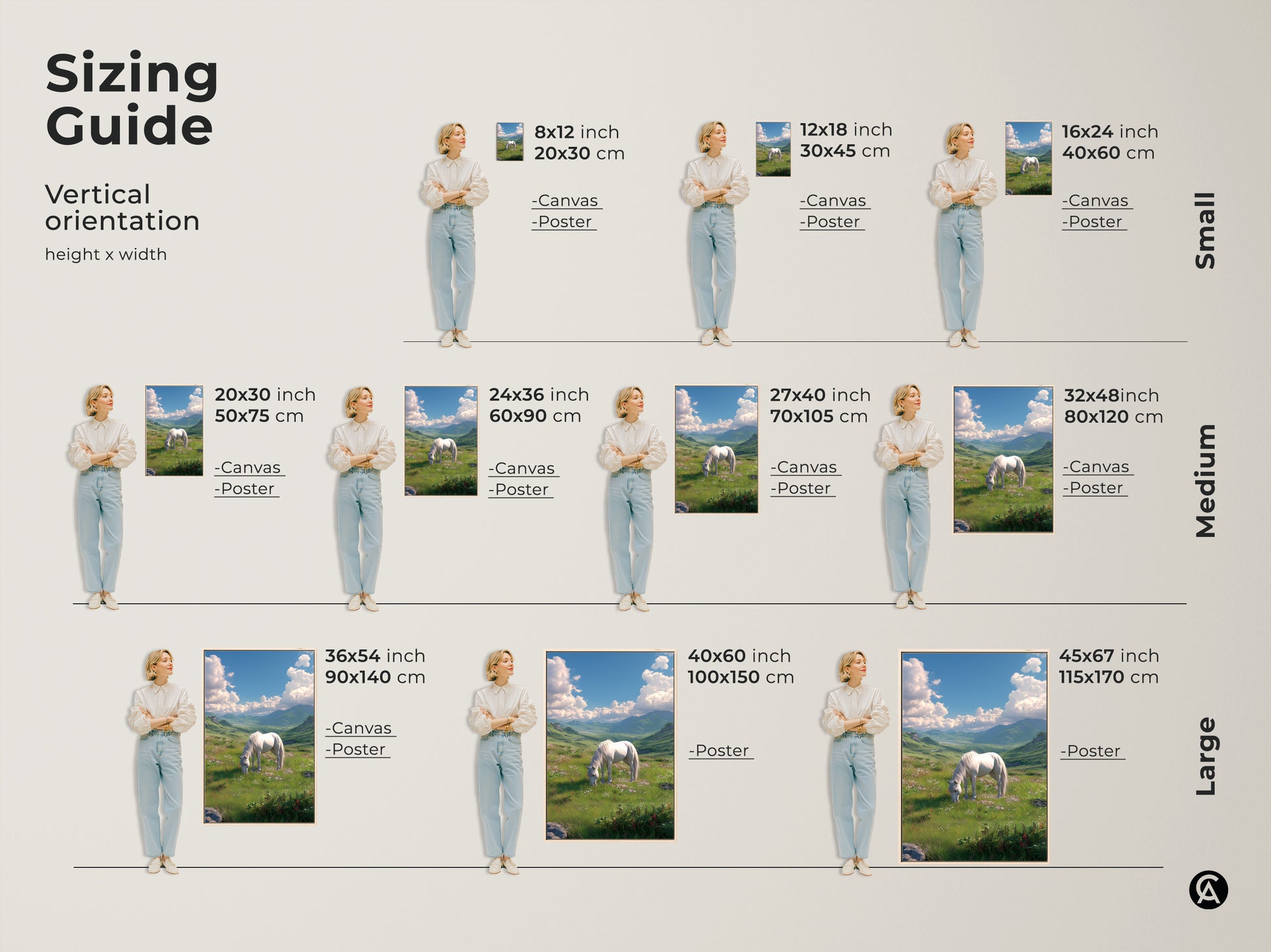 Sizing guide for the horse art. Vertical orientation with various sizes. Options include canvas and poster prints. Find the perfect size to fit your space. Transform your home with this beautiful landscape artwork featuring a white horse.