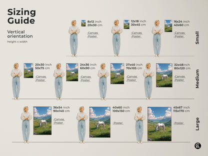 Sizing guide for the horse art. Vertical orientation with various sizes. Options include canvas and poster prints. Find the perfect size to fit your space. Transform your home with this beautiful landscape artwork featuring a white horse.