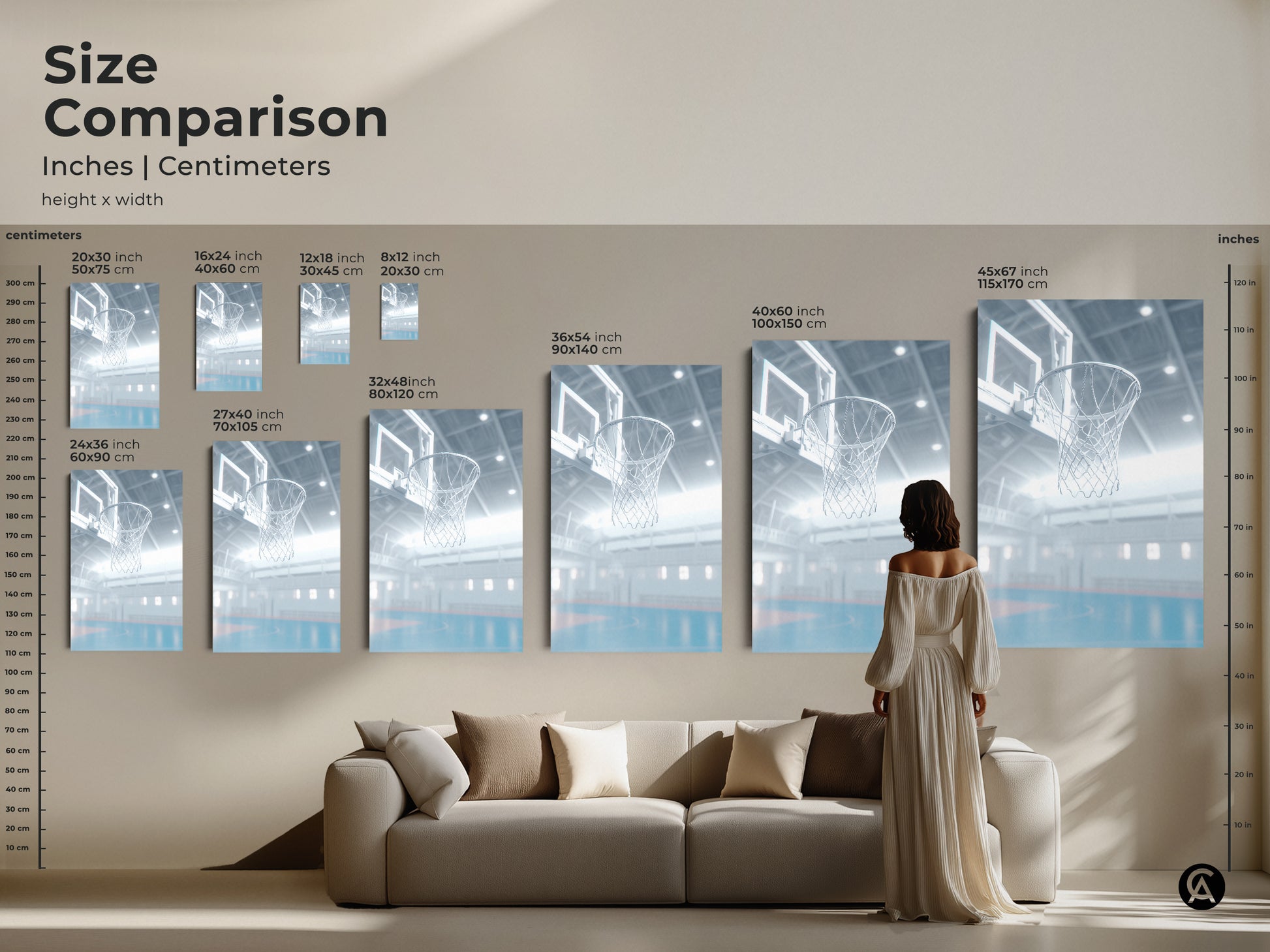 Size comparison of basketball hoop art in inches and centimeters. Art sizes range from 20x30 inches to 45x67 inches. Displayed above a sofa for scale. Discover how this art fits into your living room. It will transform your space with sporty elegance.