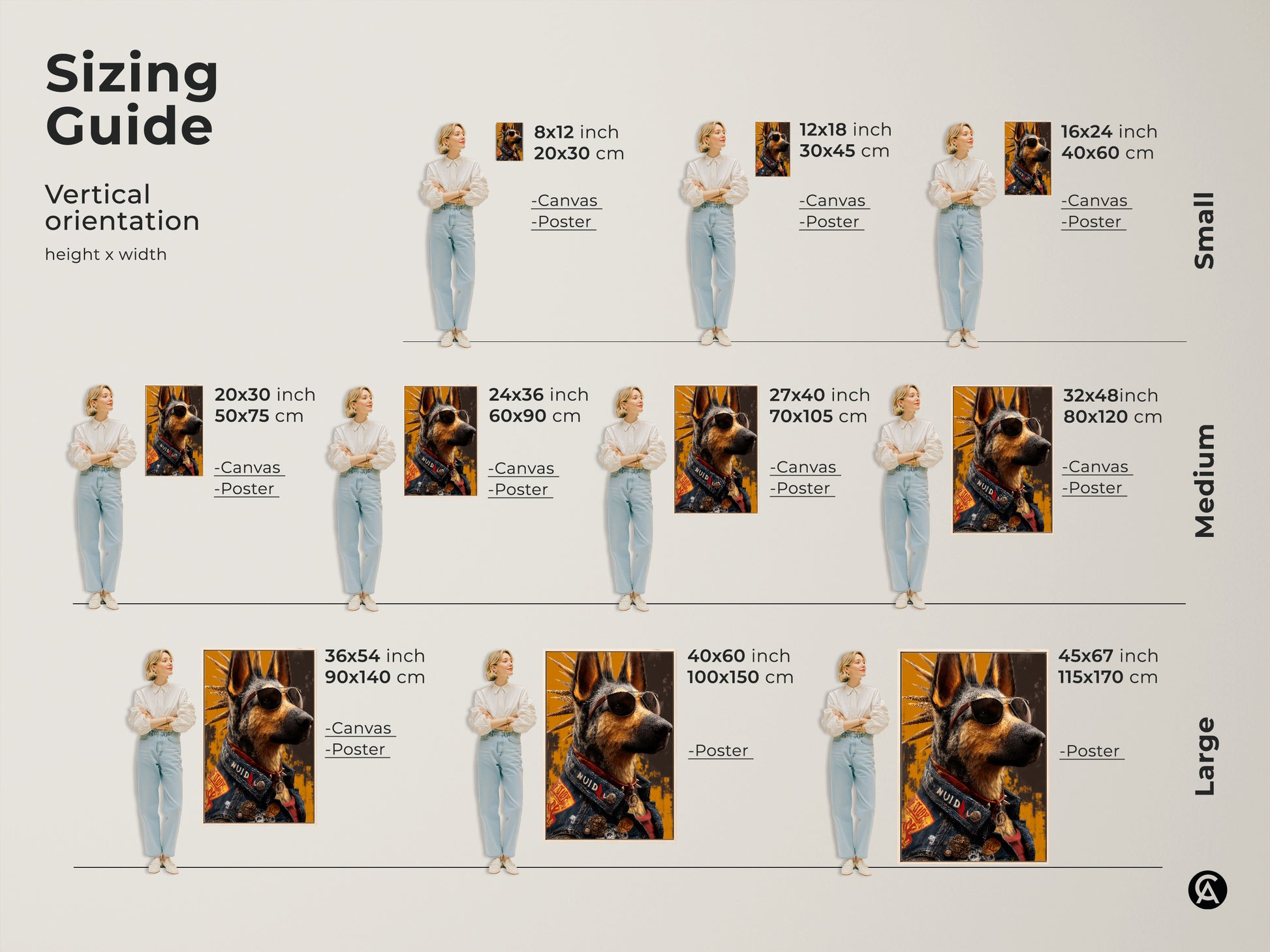 Size comparison of German Shepherd art prints. The cool punk rock dog with sunglasses is shown in various sizes. Visualize art in inches and centimeters for your perfect fit. Great above a sofa.