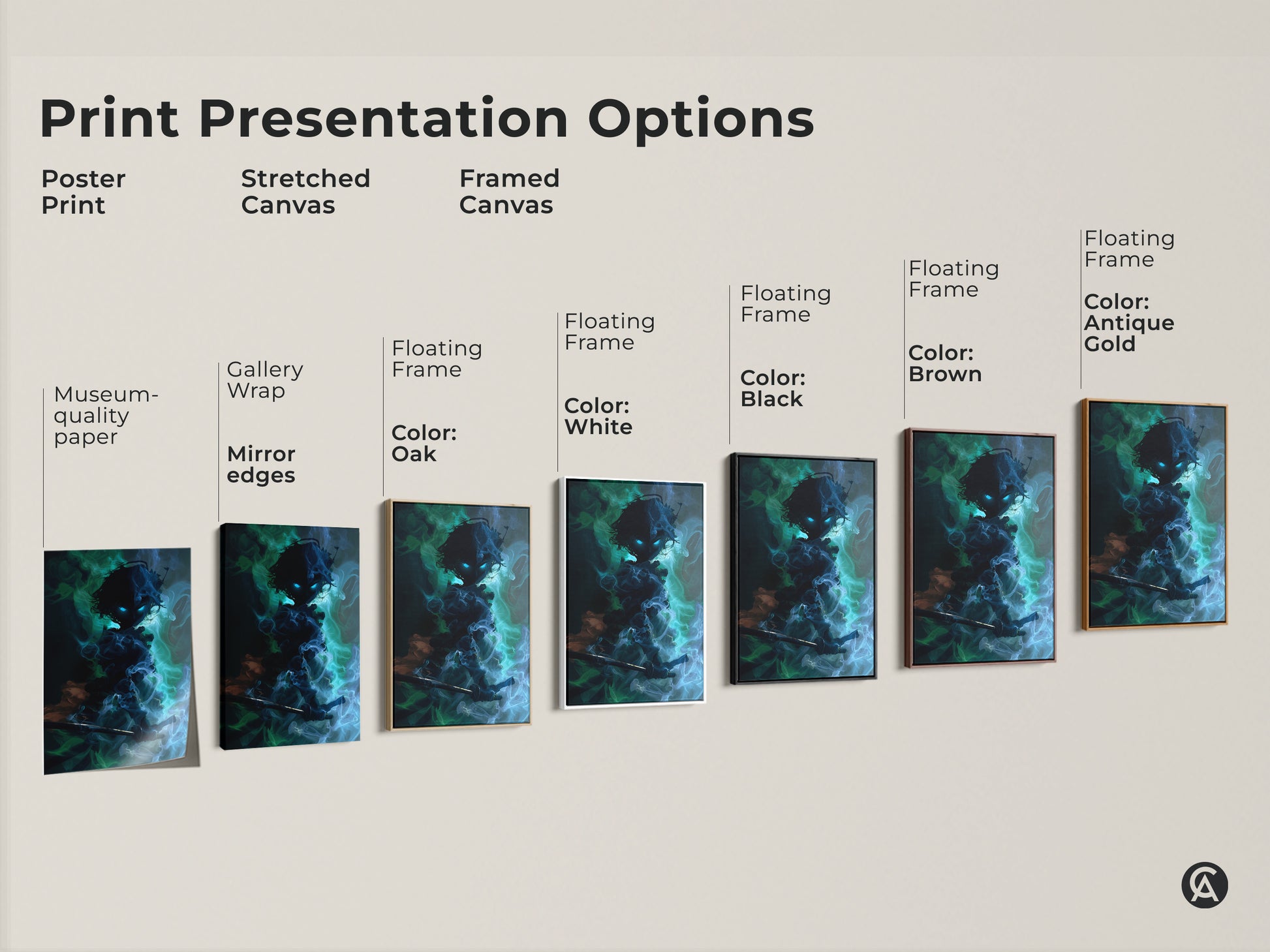 Explore anime fantasy art print options poster print stretched canvas or framed canvas. The artwork features a dark fantasy warrior demon with blue green teal colors. Floating frame colors shown.