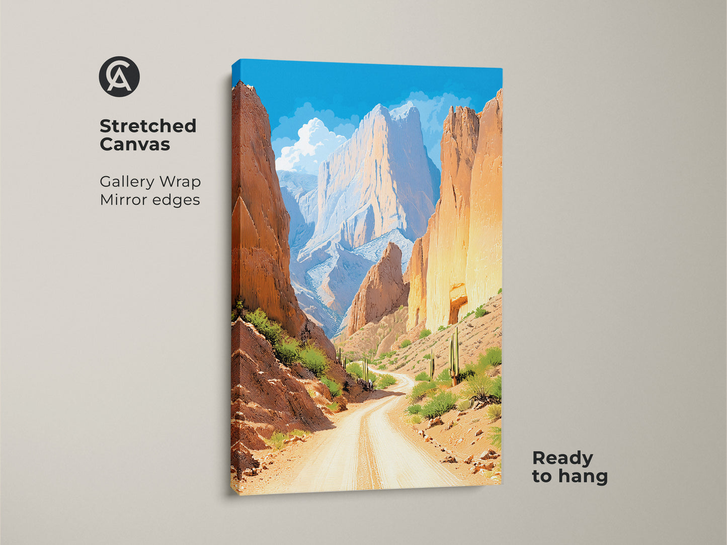 Bring home the beauty of the desert. This mountain landscape canvas print enhances any room. This artwork features a winding canyon road with blue skies. Perfect southwestern wall decor for outdoor adventure enthusiasts. The gallery wrapped canvas ensures a high-quality display ready to hang.