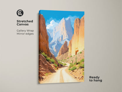 Bring home the beauty of the desert. This mountain landscape canvas print enhances any room. This artwork features a winding canyon road with blue skies. Perfect southwestern wall decor for outdoor adventure enthusiasts. The gallery wrapped canvas ensures a high-quality display ready to hang.