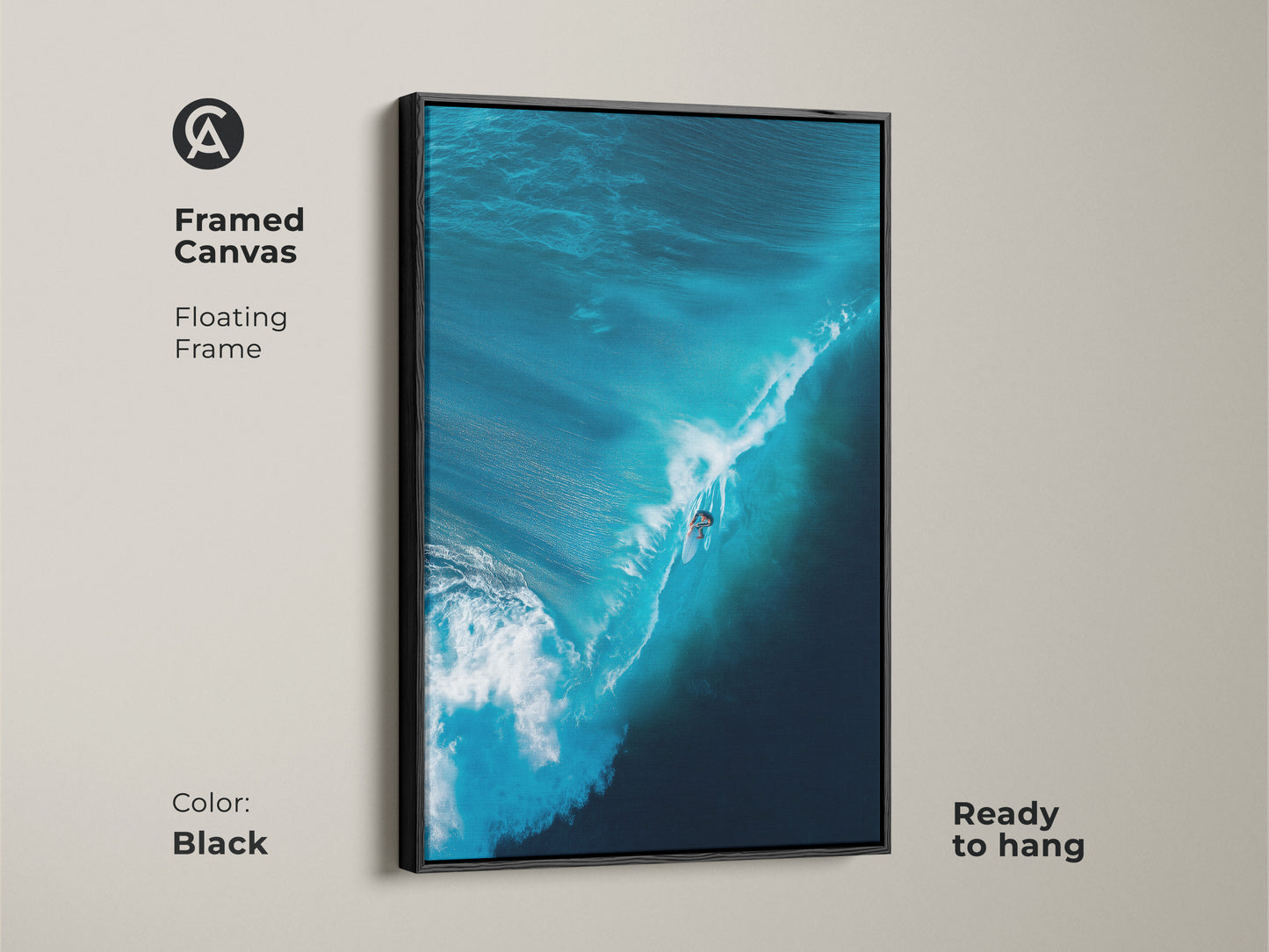 Framed canvas print shows a surfer riding a blue wave. The floating frame adds elegance. This ready-to-hang artwork is available in black. It brings coastal charm to your home decor. A must-have for surf art enthusiasts. Order now