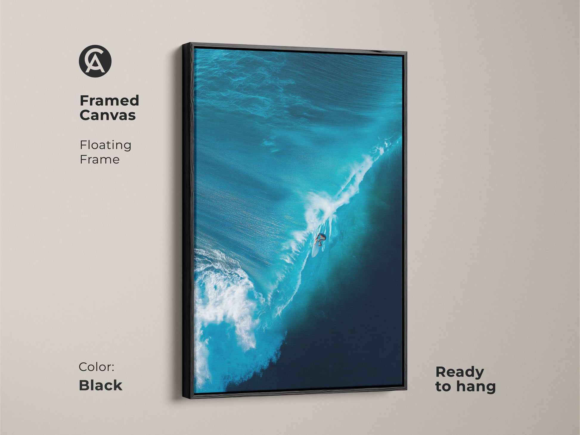 Framed canvas print shows a surfer riding a blue wave. The floating frame adds elegance. This ready-to-hang artwork is available in black. It brings coastal charm to your home decor. A must-have for surf art enthusiasts. Order now
