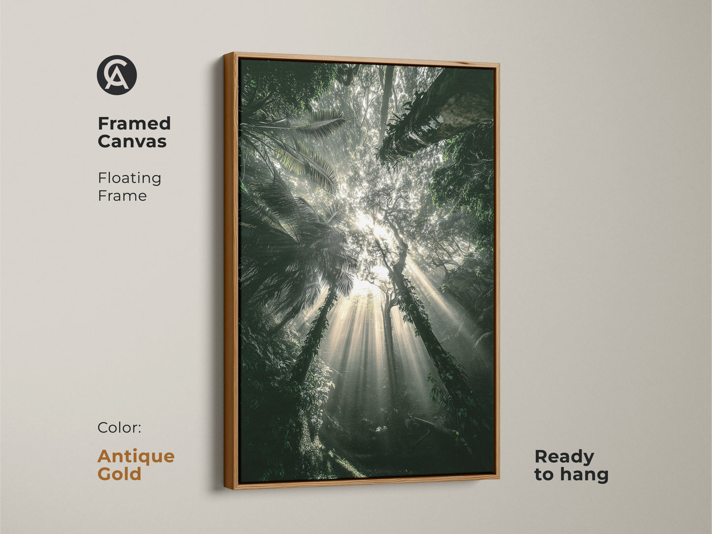 Framed canvas featuring a photorealistic emerald forest. Antique gold floating frame adds a touch of elegance. Ready to hang. This tropical leaf canvas artwork is a nature-inspired masterpiece.