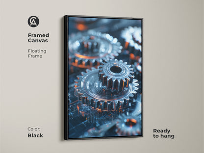 Elevate your space with this framed canvas art. The print features abstract machinery and industrial gears. The floating frame in black enhances the futuristic tech aesthetic in metallic silver and orange. Ready to hang for easy installation.