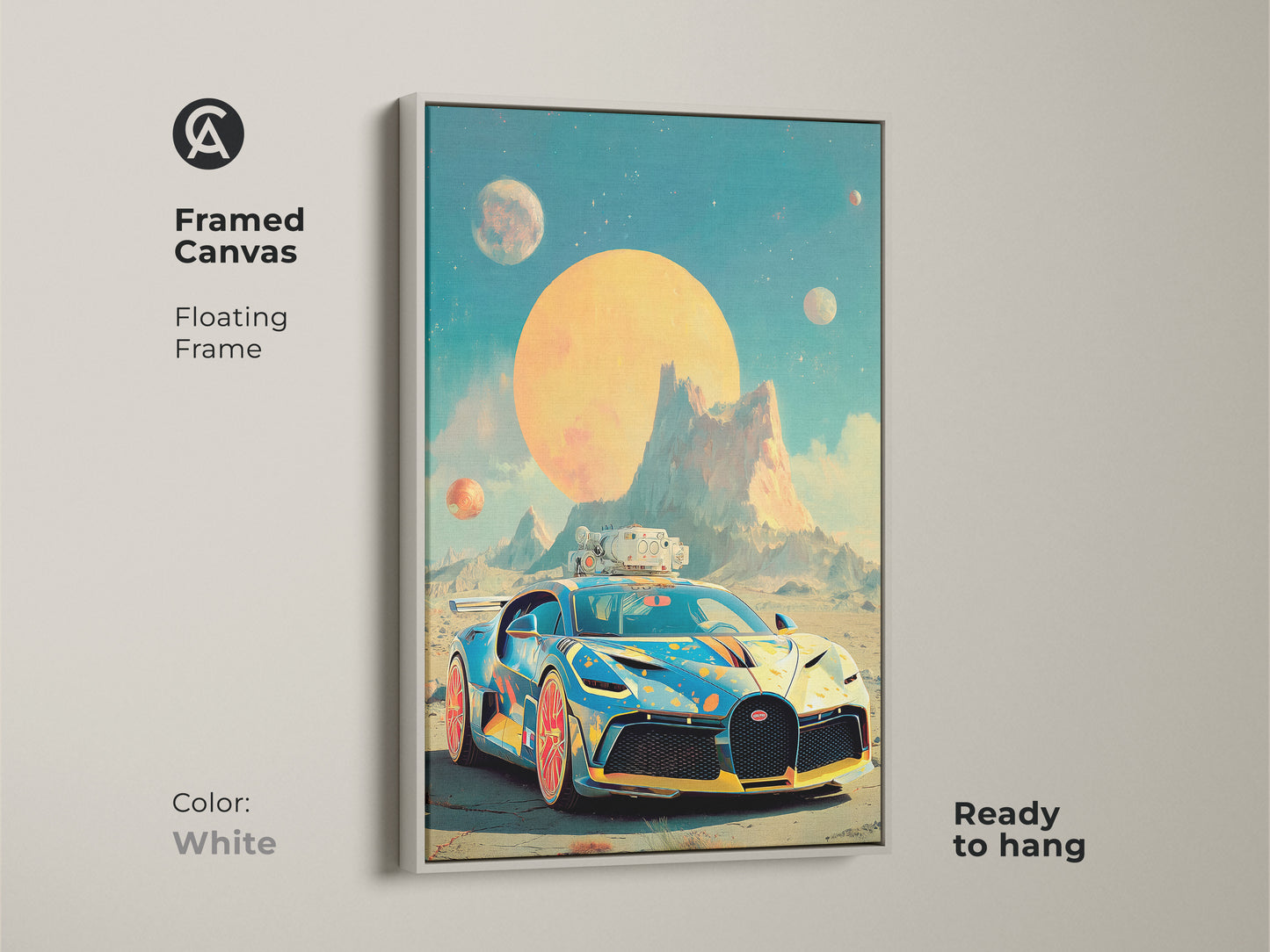 Framed Cyberpunk sports car art print with a white floating frame. The retro futurism car canvas features a sci-fi vehicle on an alien planet. This teal and orange modern sci-fi landscape enhances any space. It is ready to hang so use as unique office wall art. Gift idea for car lovers.