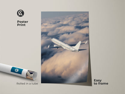 Modern airplane poster print rolled in a tube and easy to frame. This aviation photography captures a plane flying through clouds. Perfect for modern office wall decor. This travel enthusiast gift idea is a great addition to any space. A minimalist airplane art print.